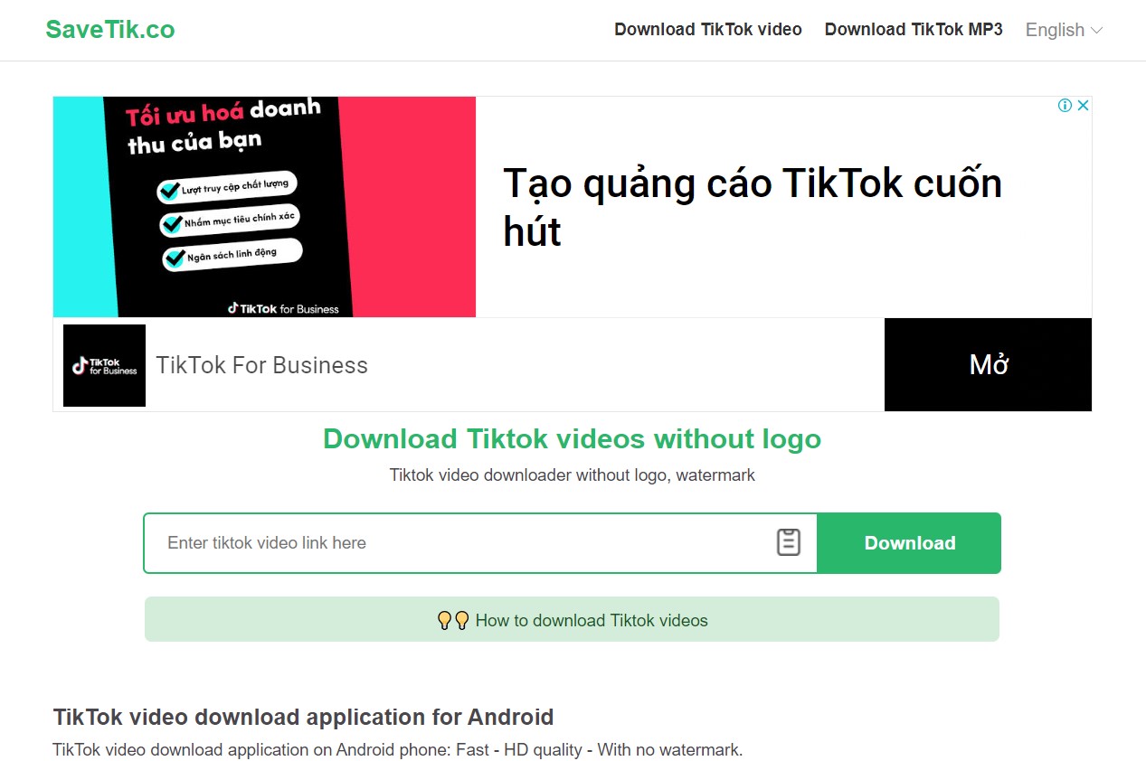 Cách download video TikTok không watermark, logo bằng SaveTik.co